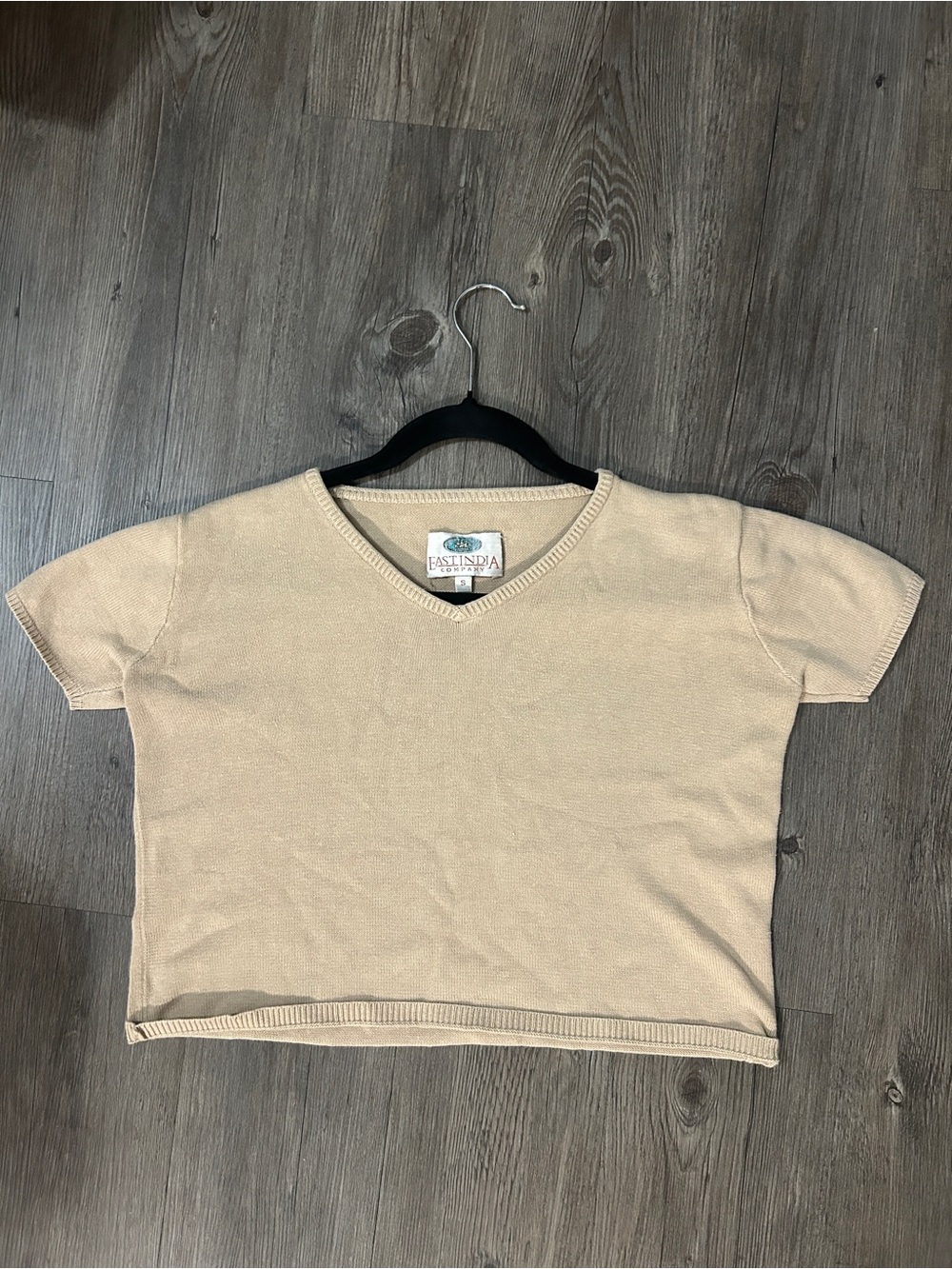 Vintage Beige Basic short-sleeve V-neck Knit Sweater Crop Top